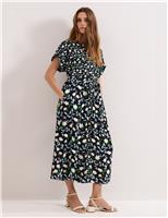 Linen Rich Floral V-Neck Midi Shirt Dress