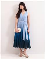 Phase Eight Ombre V-Neck Pleated Midi Skater Dress Blue Mix