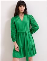 Cotton Blend Broderie V-Neck Mini Dress