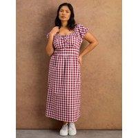 Live Unlimited London Cotton Rich Checked Midaxi Waisted Dress Red Mix