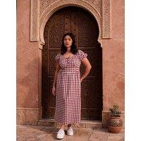 Live Unlimited London Cotton Rich Checked Midaxi Waisted Dress Red Mix