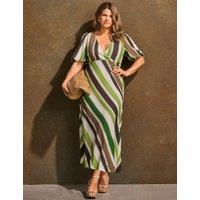 Live Unlimited London Striped V-Neck Maxi Tea Dress With Linen Green