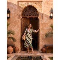 Live Unlimited London Striped V-Neck Maxi Tea Dress With Linen Green