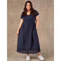 Live Unlimited London Pure Cotton Jersey Broderie Maxi Skater Dress Navy