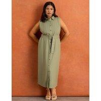 Live Unlimited London Linen Blend Belted Midaxi Shirt Dress Green