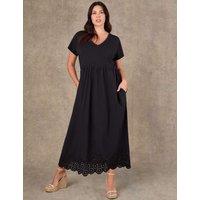 Live Unlimited London Pure Cotton Jersey Broderie Maxi Skater Dress Black