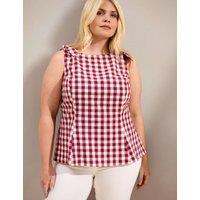 Live Unlimited London Cotton Rich Checked Peplum Top with Linen Red