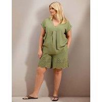 Live Unlimited London Linen Blend V-Neck Top Green