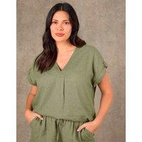 Live Unlimited London Linen Blend V-Neck Top Green