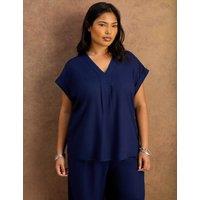 Live Unlimited London Linen Blend V-Neck Top Navy