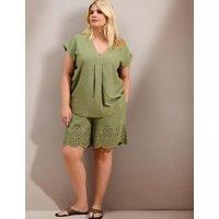 Live Unlimited London Linen Blend Broderie High Waisted Shorts Green