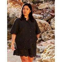 Live Unlimited London Linen Blend Broderie High Waisted Shorts Black