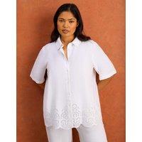 Live Unlimited London Linen Blend Broderie Button Through Shirt White