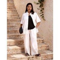 Live Unlimited London Linen Blend Broderie Button Through Shirt White