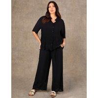 Live Unlimited London Linen Blend Broderie Button Through Shirt Black
