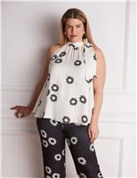 Live Unlimited London Floral Print Bow Halter Neck Top White