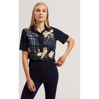 Ted Baker Floral Woven Front Polo Top Navy