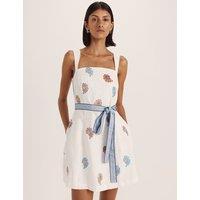 SABA Pure Linen Square Neck Mini Smock Dress Multi