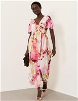 FatFace Floral V-Neck Midi Waisted Dress Ivory Mix