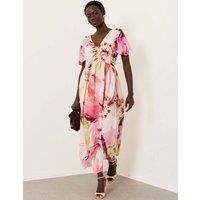 FatFace Floral V-Neck Midi Waisted Dress Ivory Mix