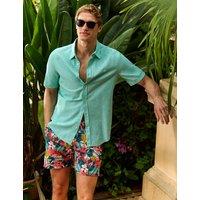 Crew Clothing Regular Fit Linen and Cotton Short Sleeve Shirt Turquoise