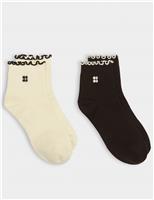 2 Pack Frill Cuff Ankle High Socks