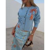 Never Fully Dressed Embroidered Button Front Relaxed Cardigan Blue Mix