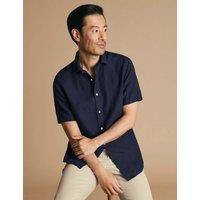 Charles Tyrwhitt Slim Fit Pure Linen Short Sleeve Shirt Navy