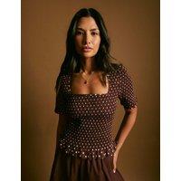 Nobody's Child Pure Cotton Polka Dot Shirred Top Brown