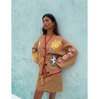 Never Fully Dressed Embroidered Button Front Relaxed Cardigan Camel Mix