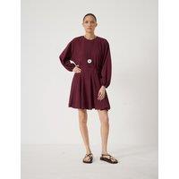 HUSH Round Neck Blouson Sleeve Mini Skater Dress Dark Red