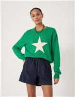 HUSH Pure Cotton Crew Neck Star Graphic Jumper Dark Green Mix