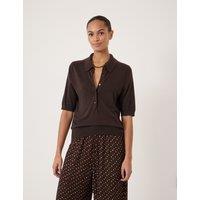 HUSH Wool Blend Polo Neck Knitted Top Dark Brown