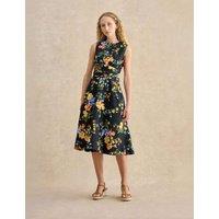 HOBBS Pure Linen Floral Midi Dress Navy Mix