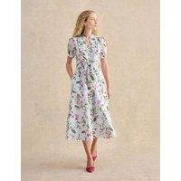 HOBBS Floral V-Neck Midi Waisted Dress with Linen Blue Mix