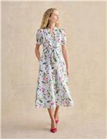 HOBBS Floral V-Neck Midi Waisted Dress with Linen Blue Mix