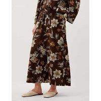 Monsoon Linen Rich Floral Straight Leg Cropped Trousers Chocolate