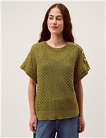 Monsoon Textured Crew Neck Button Detail Jumper Green