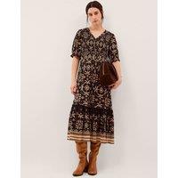 Monsoon Pure Cotton Floral V-Neck Midi Waisted Dress Black Mix