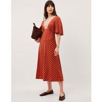 Monsoon Jersey Polka Dot V-Neck Midi Skater Dress Beige