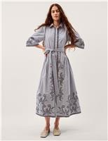 Monsoon Pure Cotton Embroidered Midi Shirt Dress Navy Mix