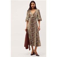 Monsoon Animal Print V-Neck Midi Tea Dress Khaki Mix