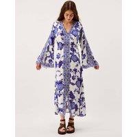 Monsoon Floral V-Neck Angel Sleeve Maxi Beach Dress Blue Mix