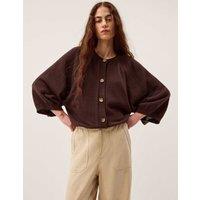 Monsoon Cotton Rich Textured Crew Neck Cardigan Chocolate