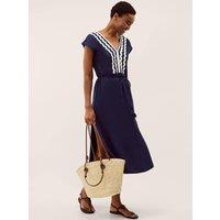 Monsoon Pure Cotton V-Neck Midi Kaftan Dress Blue