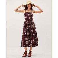 Monsoon Cotton Rich Printed Midi Waisted Dress with Linen Chocolate