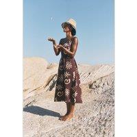 Monsoon Cotton Rich Printed Midi Waisted Dress with Linen Chocolate
