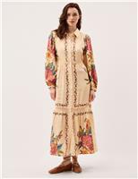 Monsoon Floral Blouson Sleeve Midi Shirt Dress Cream Mix