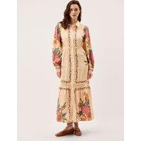 Monsoon Floral Blouson Sleeve Midi Shirt Dress Cream Mix