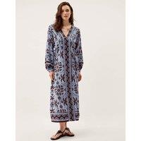 Monsoon Printed V-Neck Maxi Waisted Dress Blue Mix